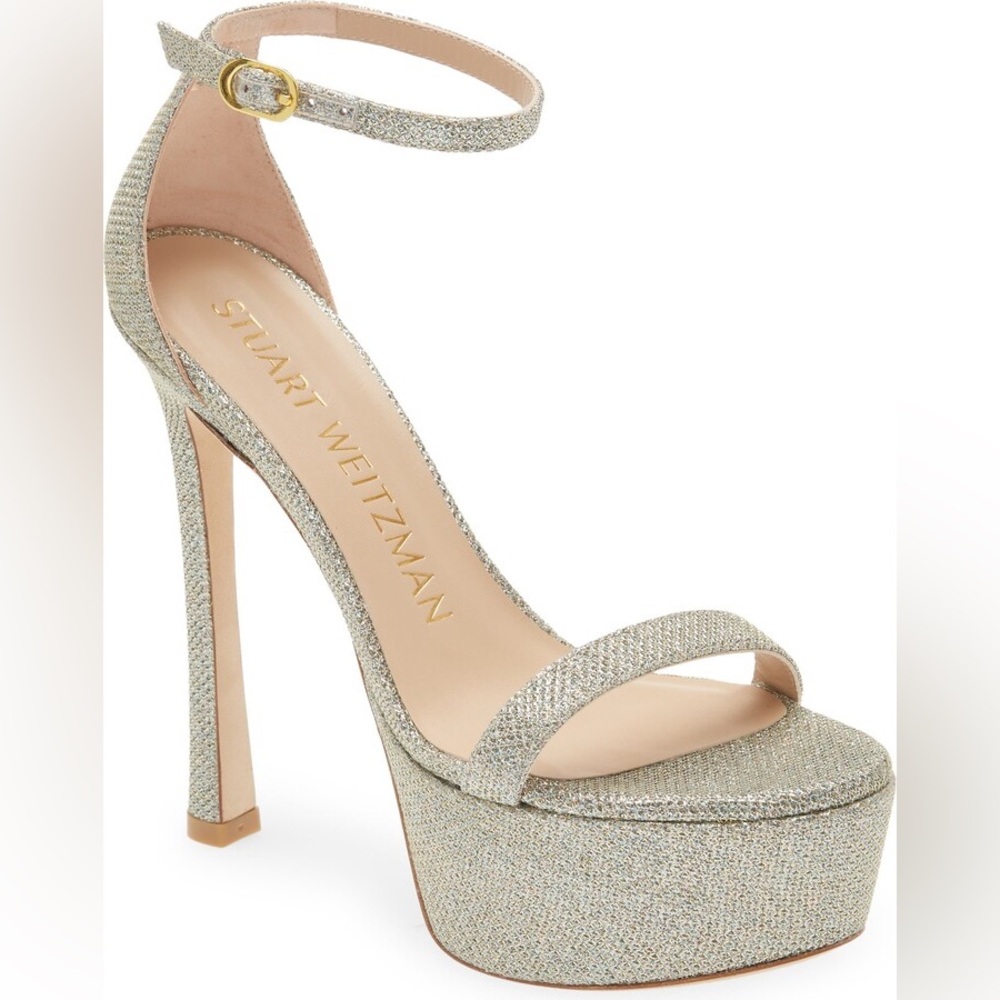 Flaw* Stuart Weitzman Nudistcurve Hollywood Platform Sandal Heel Platino Size 9